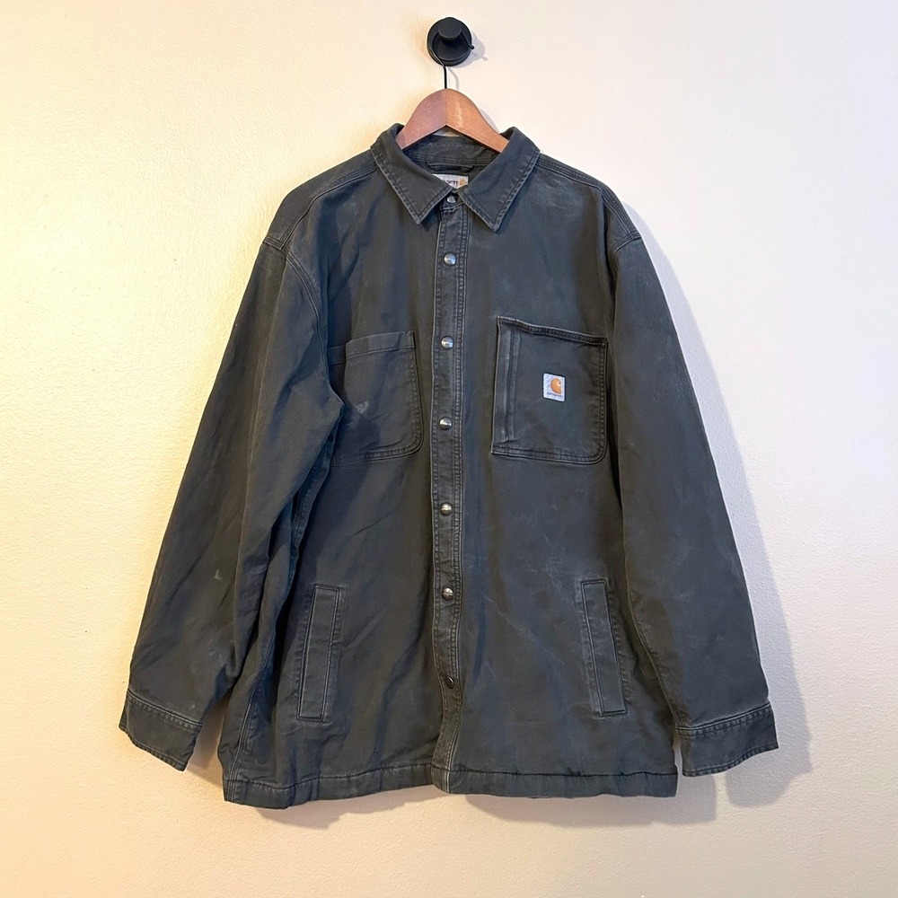 Carhartt Rugged Flex Relaxed Fit Mens Fleece Distressed Gray Denim Jacket XL